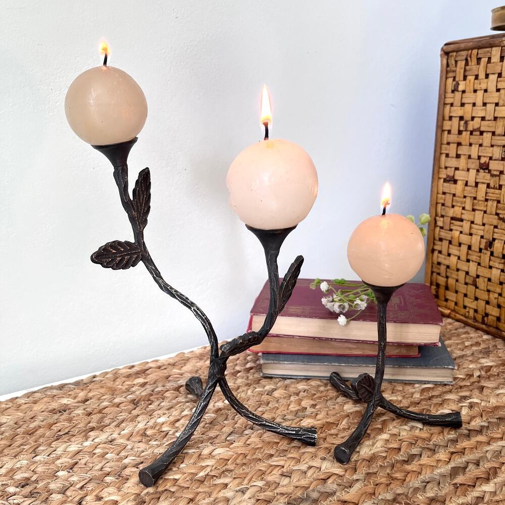 Two Blackened Brass Botanical Candle Holders Macabre Castlecore Mid-Century